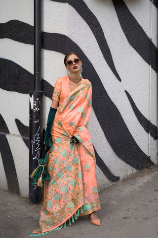 Orange Parsi Weaving - Handwoven Textured Silk Saree