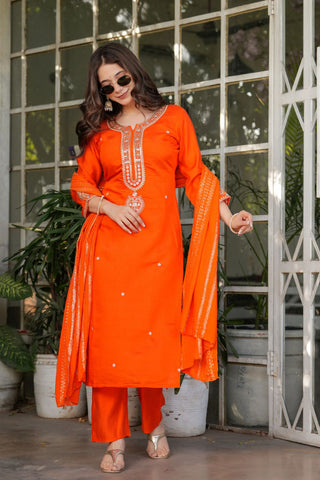 Orange Viscose Chanderi Jacqurad Embroidery Kurta Set_Kumari SArees