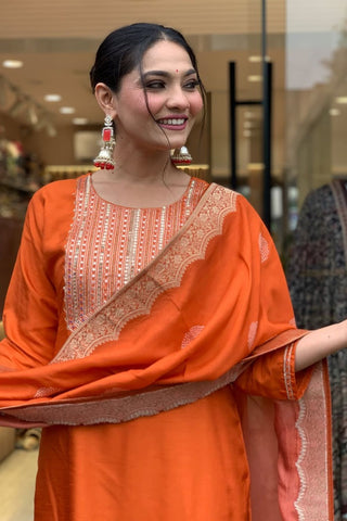 Orange Jaccard Silk Embroidery Kurta Set