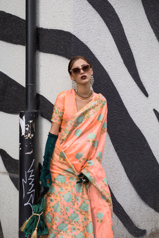 Orange Parsi Weaving - Handwoven Textured Silk Saree