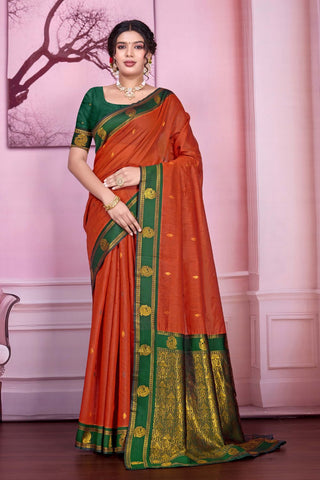 Orange Pure Handloom Cotton With Gold Zari Silk Saree