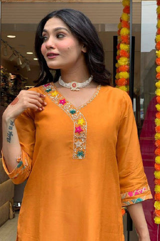 Orange Viscose Blend Printed Silk Kurta Set