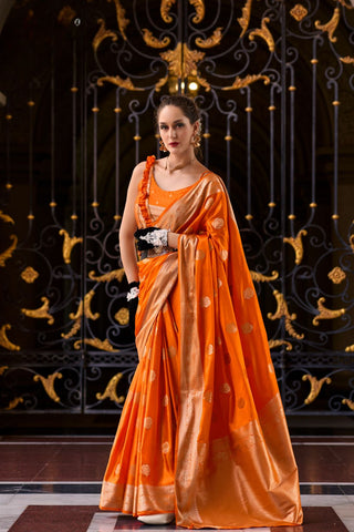 Orange Pure Satin Silk Crepe Saree_Kumari Sarees