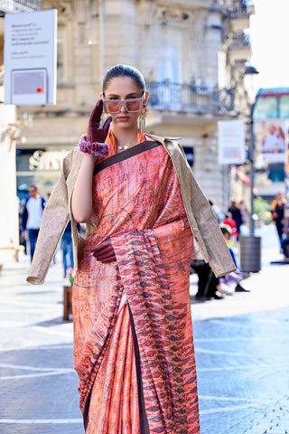 ORANGE DIGITAL PRINT SATIN CREPE SAREE