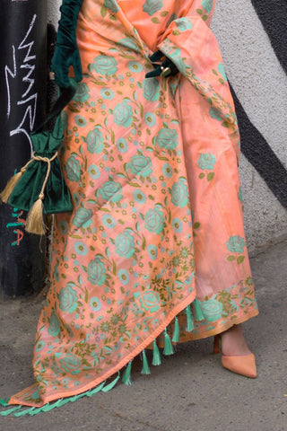 Orange Parsi Weaving - Handwoven Textured Silk Saree