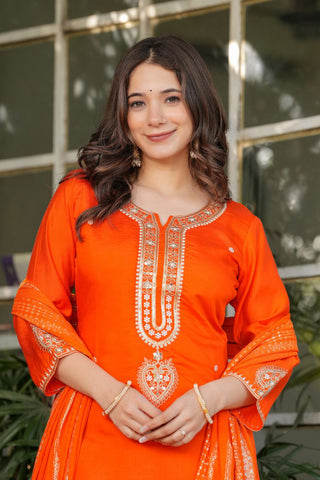 Orange Viscose Chanderi Jacqurad Embroidery Kurta Set_Kumari SArees