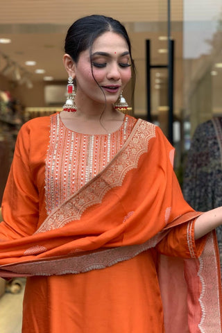 Orange Jaccard Silk Embroidery Kurta Set