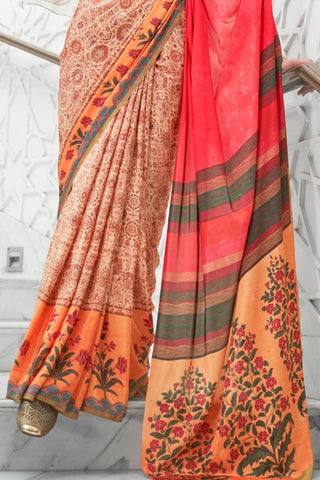 Orange Pure Silk Creep Saree