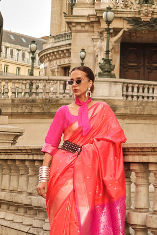 ORANGE HANDLOOM WEAVING SILK SAREE