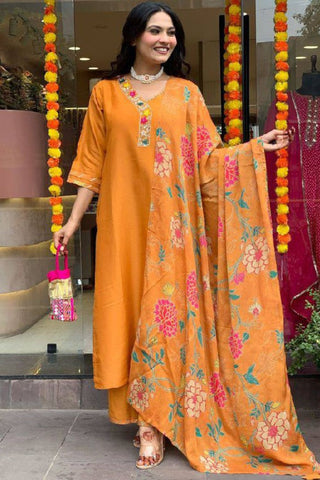 Orange Viscose Blend Printed Silk Kurta Set