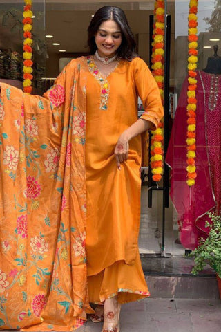 Orange Viscose Blend Printed Silk Kurta Set