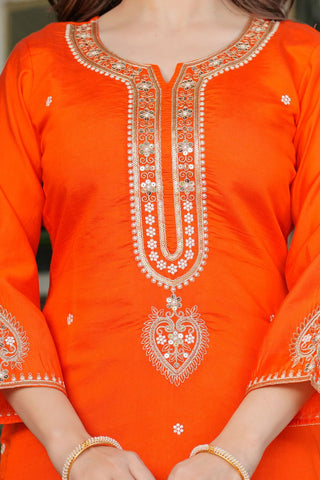 Orange Viscose Chanderi Jacqurad Embroidery Kurta Set_Kumari SArees