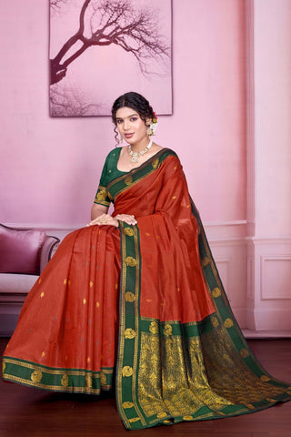 Orange Pure Handloom Cotton With Gold Zari Silk Saree