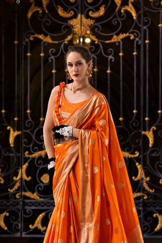 Orange Pure Satin Silk Crepe Saree_Kumari Sarees