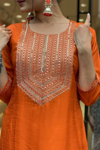 Orange Jaccard Silk Embroidery Kurta Set