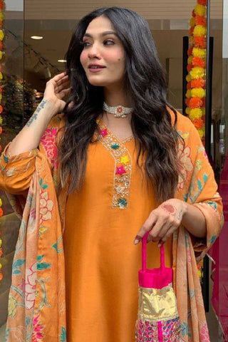 Orange Viscose Blend Printed Silk Kurta Set