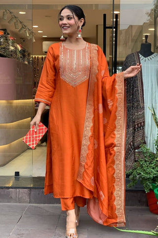 Orange Jaccard Silk Embroidery Kurta Set