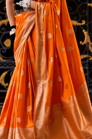 Orange Pure Satin Silk Crepe Saree_Kumari Sarees