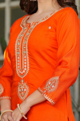 Orange Viscose Chanderi Jacqurad Embroidery Kurta Set_Kumari SArees