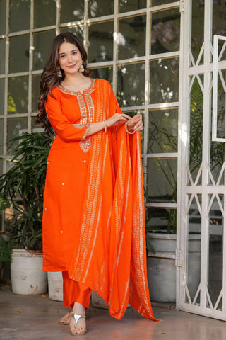 Orange Viscose Chanderi Jacqurad Embroidery Kurta Set_Kumari SArees