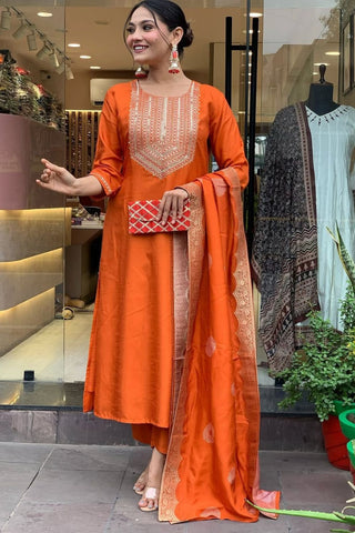 Orange Jaccard Silk Embroidery Kurta Set
