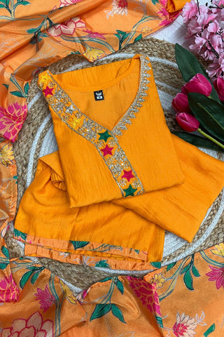 Orange Viscose Blend Printed Silk Kurta Set
