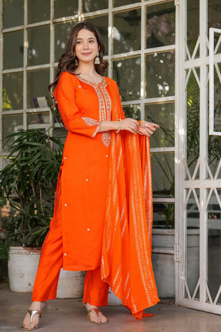 Orange Viscose Chanderi Jacqurad Embroidery Kurta Set_Kumari SArees