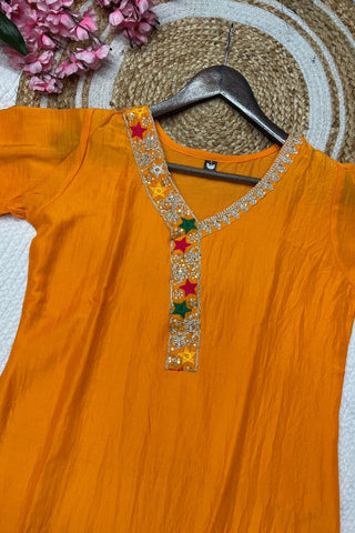 Orange Viscose Blend Printed Silk Kurta Set