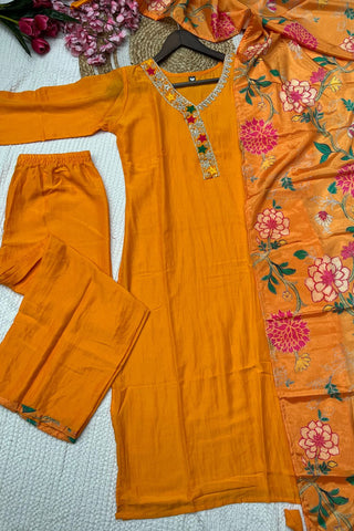 Orange Viscose Blend Printed Silk Kurta Set