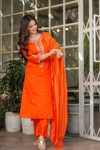Orange Viscose Chanderi Jacqurad Embroidery Kurta Set