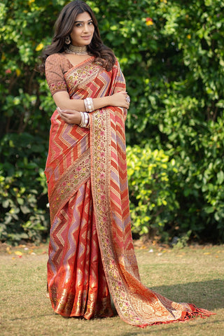 Orange Organza Leheriya Woven Design Saree