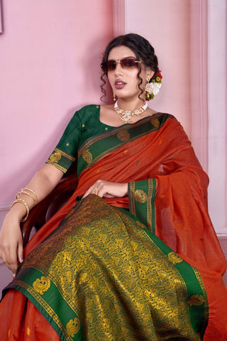 Orange Pure Handloom Cotton With Gold Zari Silk Saree