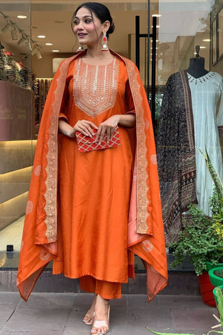 Orange Jaccard Silk Embroidery Kurta Set
