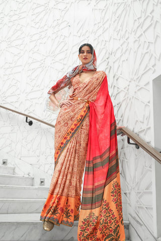 Orange Pure Silk Creep Saree