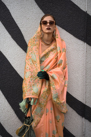 Orange Parsi Weaving - Handwoven Textured Silk Saree