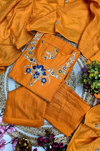 Orange Viscose Chanderi With Embroidered Kurta Set_Kumari SArees