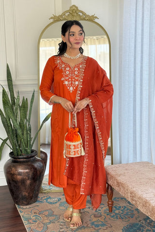 Orange Viscose Chinon Cotton Embroidery Kura Set_Kurta Set
