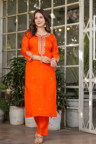 Orange Viscose Chanderi Jacqurad Embroidery Kurta Set_Kumari SArees