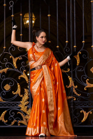 Orange Pure Satin Silk Crepe Saree_Kumari Sarees