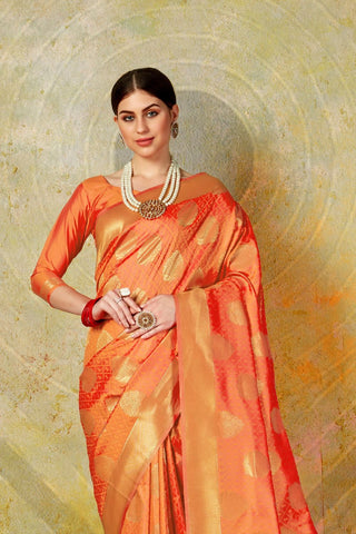 ORANGE KANJEEVARAM HANDLOOM SILK SAREE WITH LEAF DESIGN