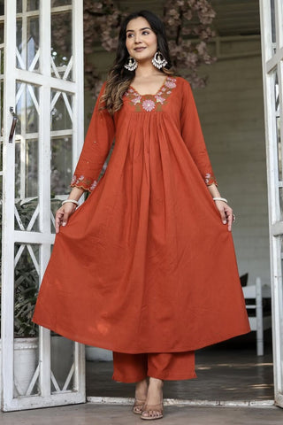 Orange Soft Rayon Slub Embroidered With Flared Kurta Set_Kumari SArees