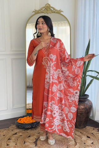 Orange Viscose Reyon Chinon Embroidery Kurta Set_Kumari Sarees