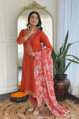 Orange Viscose Reyon Chinon Embroidery Kurta Set_Kumari Sarees