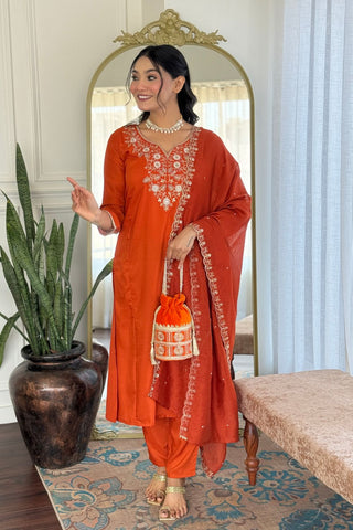 Orange Viscose Chinon Cotton Embroidery Kura Set_Kumari Sarees