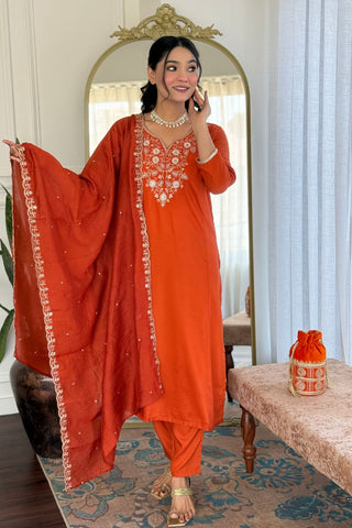 Orange Viscose Chinon Cotton Embroidery Kura Set_Kumari Sarees