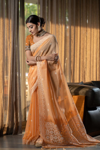 Orange Jamdani Mulmul Cotton Saree