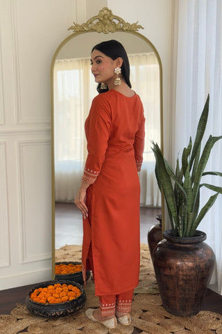 Orange Viscose Reyon Chinon Embroidery Kurta Set_Kumari Sarees