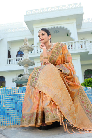 Orange Organza Leheriya Woven Saree