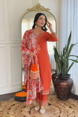 Orange Viscose Reyon Chinon Embroidery Kurta Set_Kumari Sarees