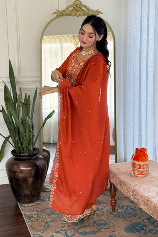 Orange Viscose Chinon Cotton Embroidery Kura Set_Kumari Sarees